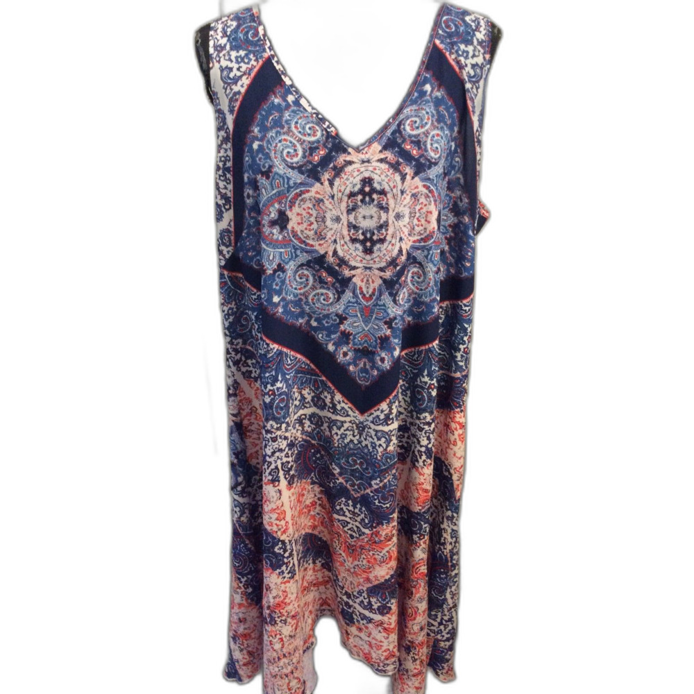 One World Plus size 2X Flowy Boho V Neck Beachy Artsy Asymmetric Sleeveless